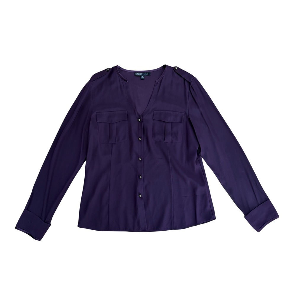 Lafayette 148 100% Silk Blouse Purple Button Front Utility Top preppy 10 office